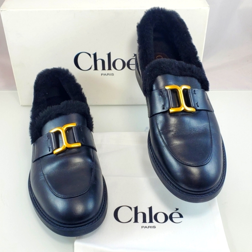 NWT$1,050 Chloé Marcie Black Shearling-Trimmed Leather Marcie Loafers Sz 40 (10)